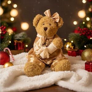 Vintage Dan Dee Christmas Bear Gold Outfit Plush Shelf Sitter Holiday Classic